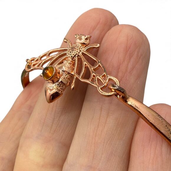 Copper Bee Hook Bracelet Genuine Amber Accent Handmade Artisan Bangle - Picture 5 of 7